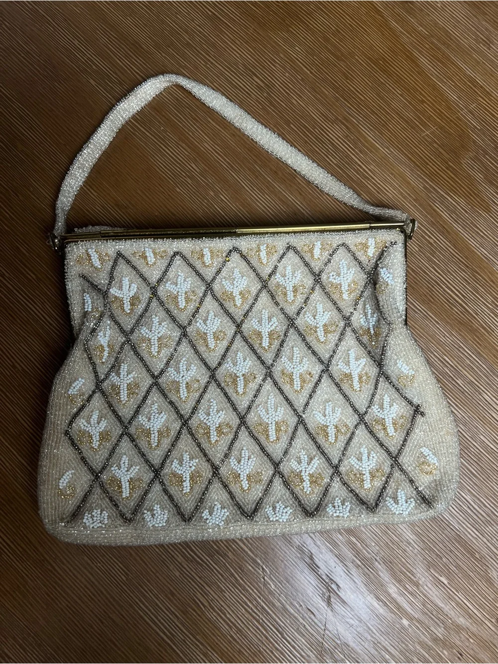 Vintage Cream White Beaded Beige Evening Shoulder Purse Western